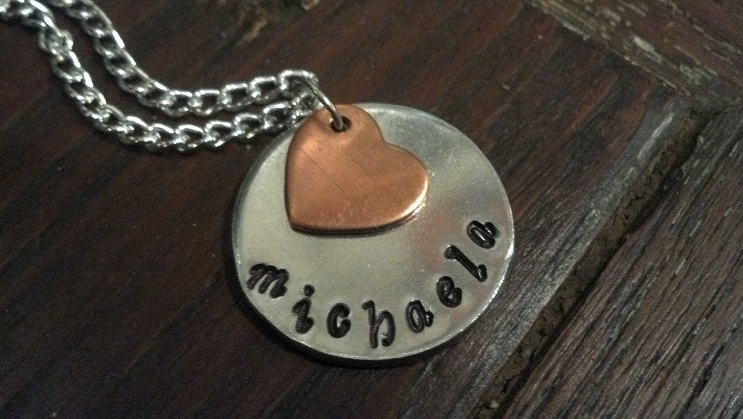 Custom Hand Stamped Aluminum Circle Charm with Copper Heart Charm Necklace (((YOU PERSONALIZE)))