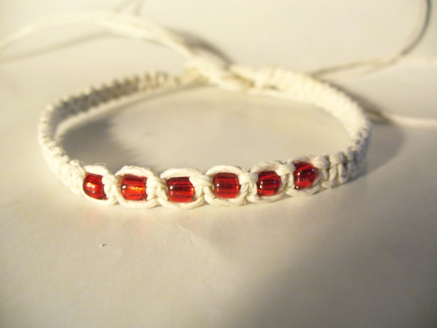 Hemp Jewelry Wish Bracelet White Hemp with Red Beads