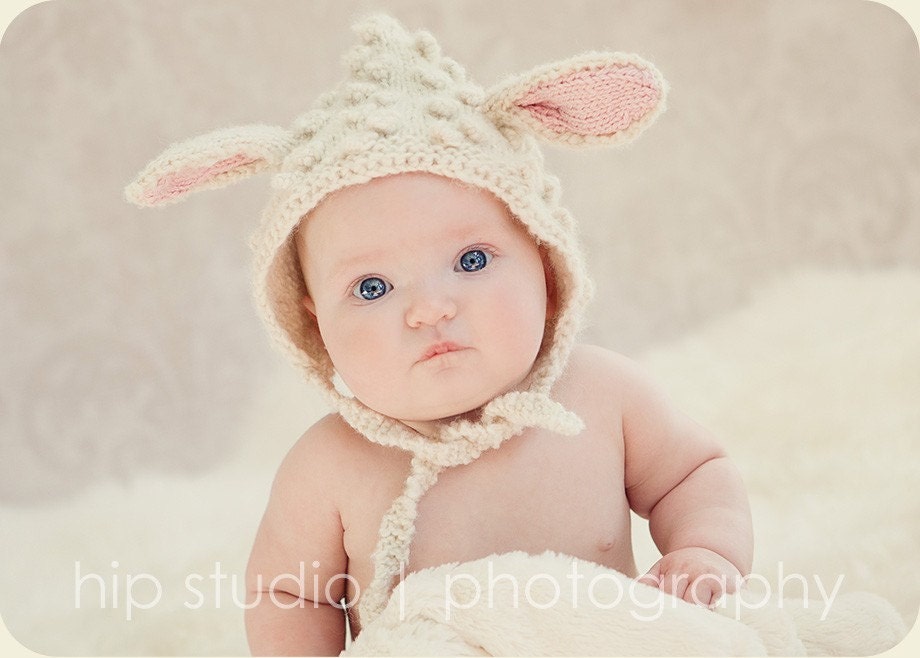 Knit Lamb Hat Bonnet, Lamb Pixie Hat with Animal Ears, 6-12 months, 12-18 months, Spring Easter Photography Prop Halloween, New Baby