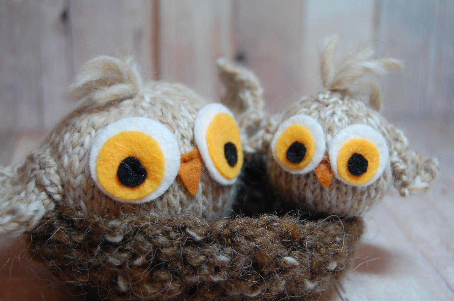 Owls Knit Waldorf Soft Toy Amigurumi Birds in Nest Modern Woodland Nursery Imaginative Play Natural Fiber Set in Cream Brown