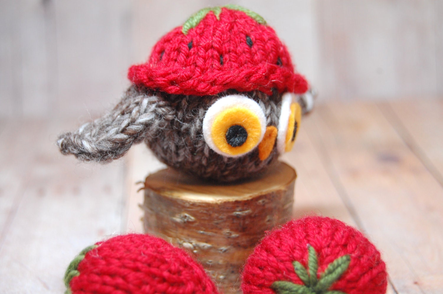Owl in Strawberry Hat - Ornament - Strawbery - Natural Fibers - Toy - Wool- Knit - Red - Brown
