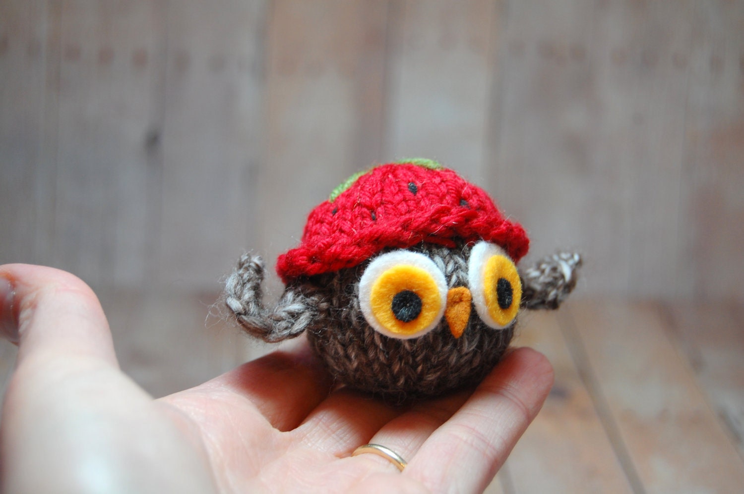 Owl in Strawberry Hat - Ornament - Strawbery - Natural Fibers - Toy - Wool- Knit - Red - Brown