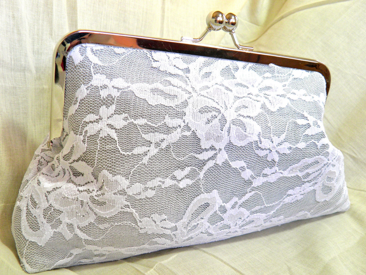 8" Silver Silk Clutch with White Lace
