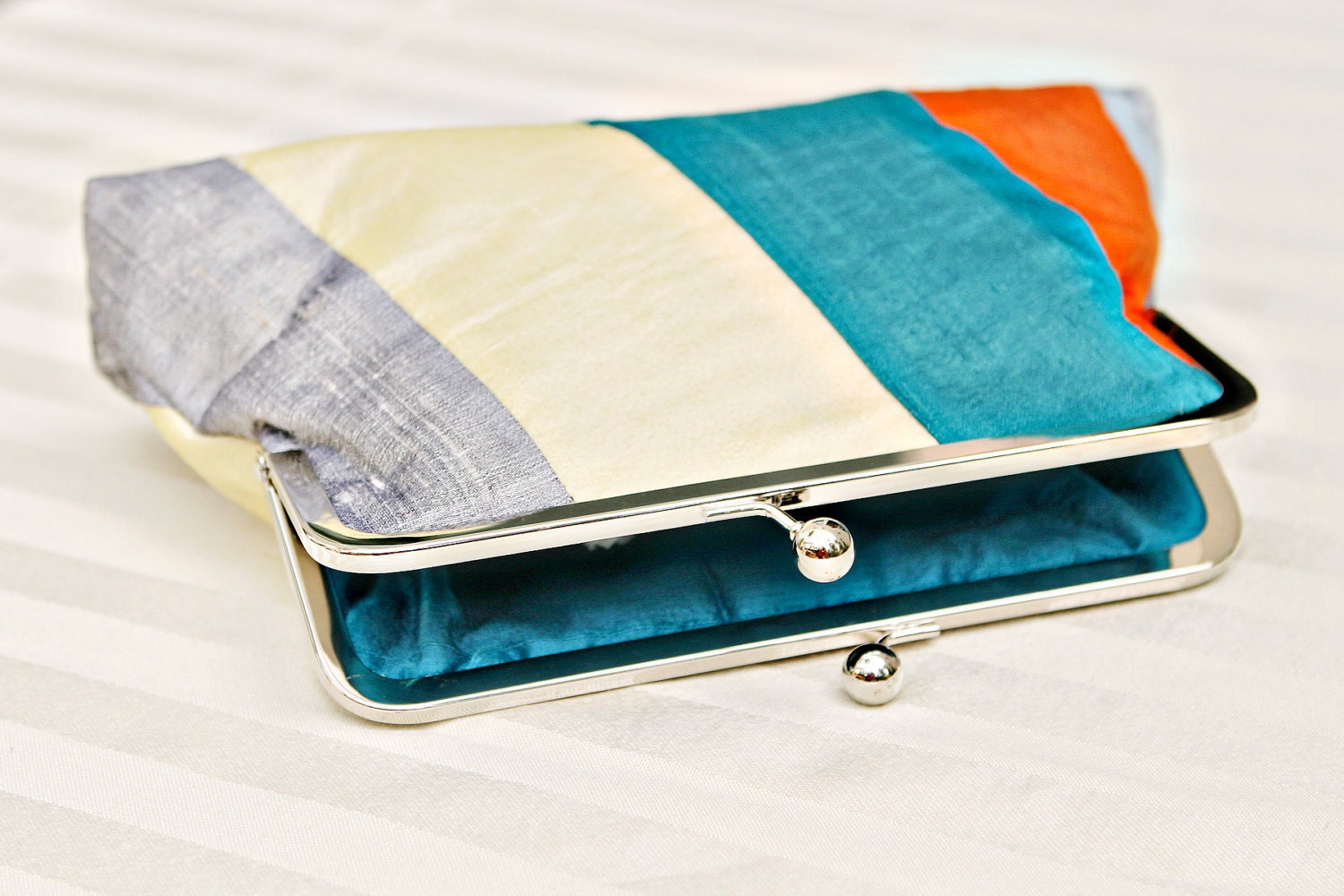 8" Silver, Orange, Teal, and Yellow Silk Clutch - SimplyClutch