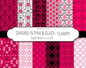 Damask in Black and Pink - Digital Scrapbook Printable Paper Pack - 12 digital files 12x12 - INSTANT DOWNLOAD 169