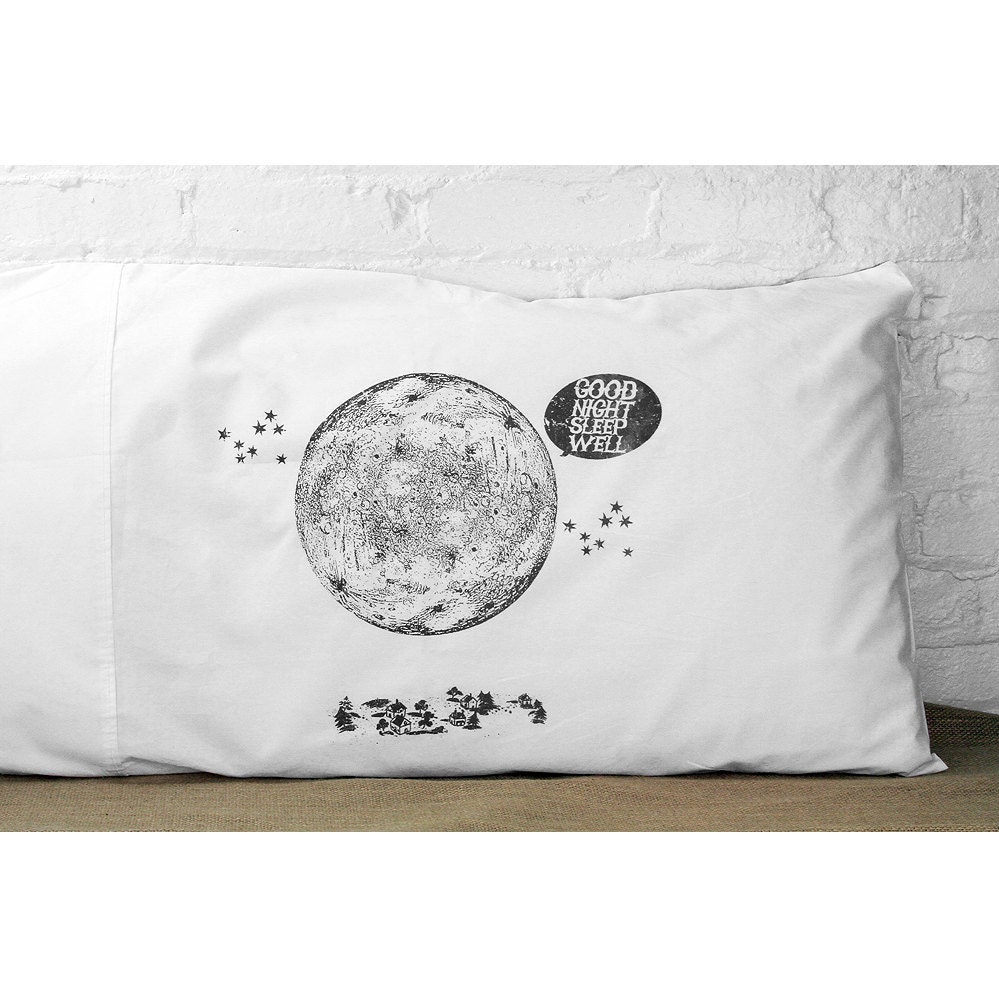 GOOD NIGHT, MOON pillowcase set. standard size. white cotton. screenprint. - kinshippress