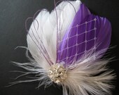 Wedding Bridal White Purple Feather Rhinestone Jewel Veiling Head Piece Hair Clip Fascinator Accessory