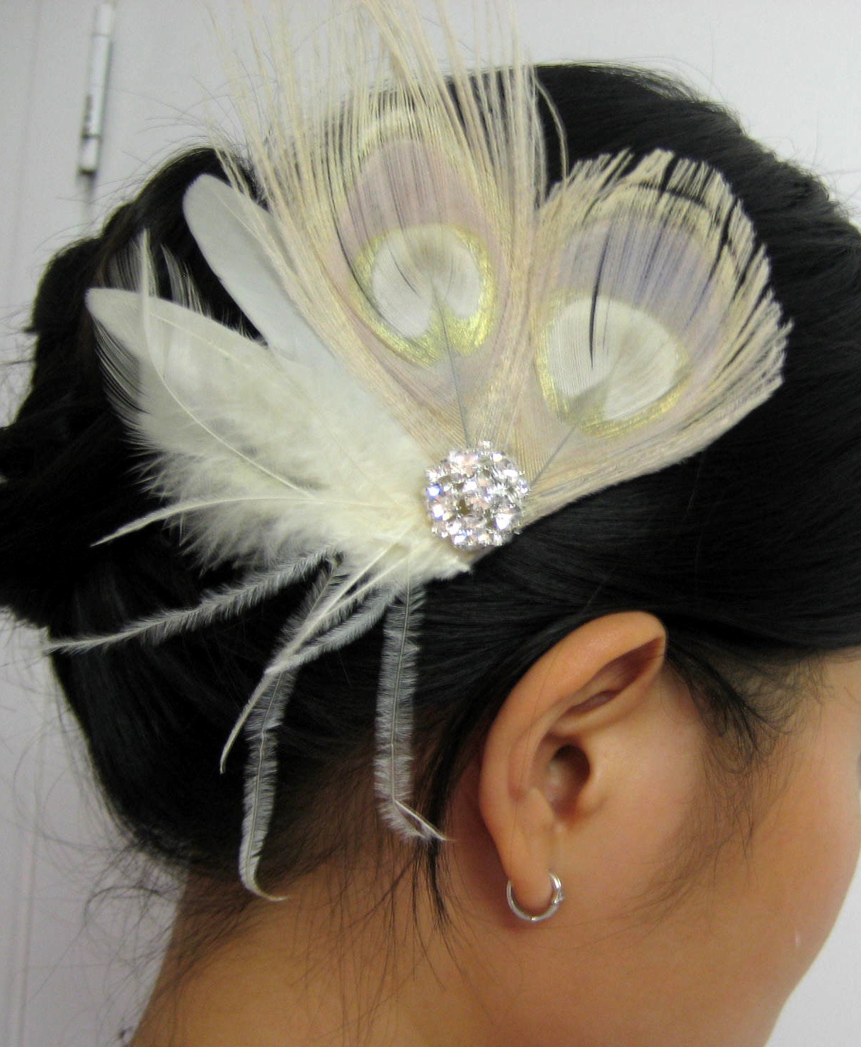 Wedding Bridal Ivory Champagne Peacock Feather Rhinestone Jewel Head Piece Hair Clip Fascinator Accessory