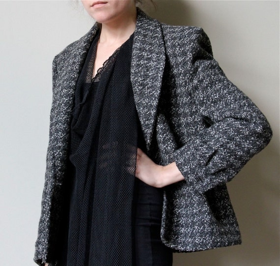 Dior Cropped Tweed Coat - vintage 80s heather grey tones wool coat, short boxy menswear fit, shawl collar
