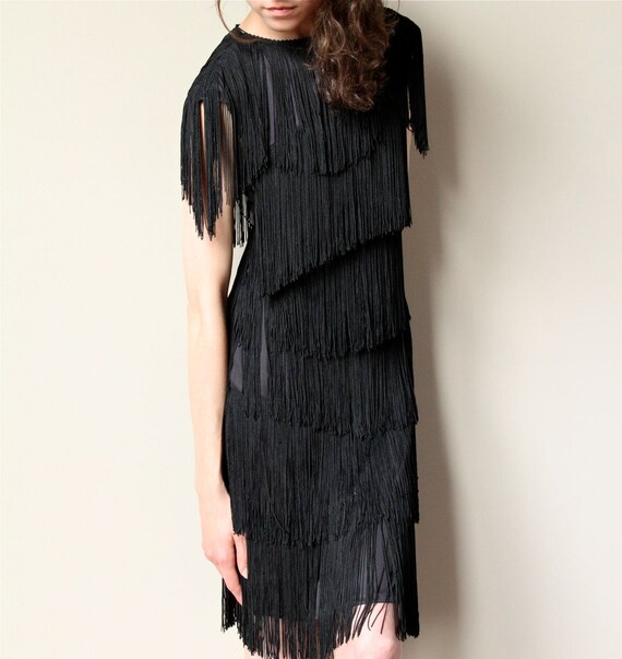Fringe Flapper Dress - vintage 80s fully fringed little black dress, peekaboo keyhole, burlesque bombshell party frock
