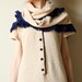 Mod 60s Sweater Dress - vintage boucle knit a-line shift & shawl, Jackie O Chanel style Mad Men office fashion, neutral camel tan, navy blue