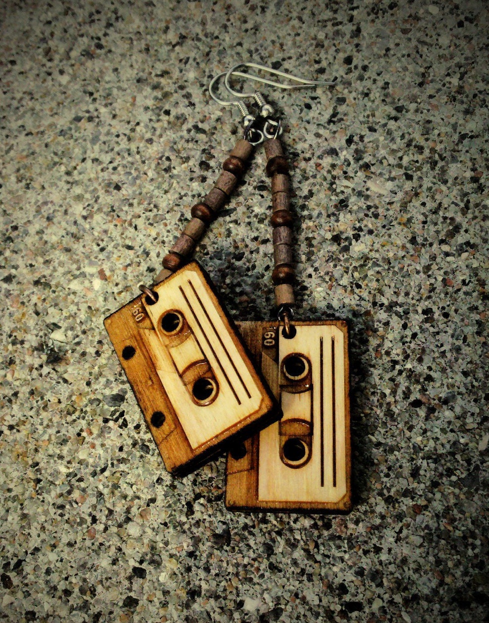 Laser cut and engraved Audio Cassette wood earrings