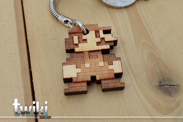 Laser cut and engraved Mario Bros 8bit wood keyring