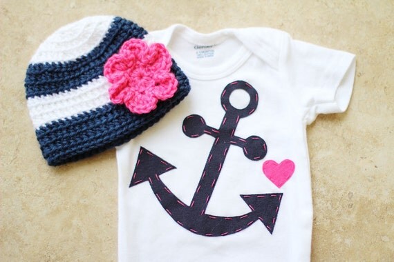 Girly Nautical Gift Set - Anchor Onesie & Matching Hat with Flower - Made to Order