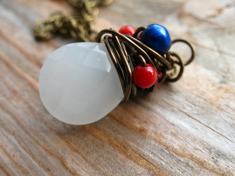 Red White and Blue Necklace, Pearls and Coral on Antiqued Bronze