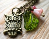Owl and Flowers Necklace in Antiqued Bronze
