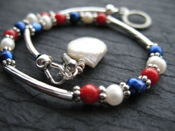 Fourth of July Bracelet, Red, White and Blue Pearls and Silver