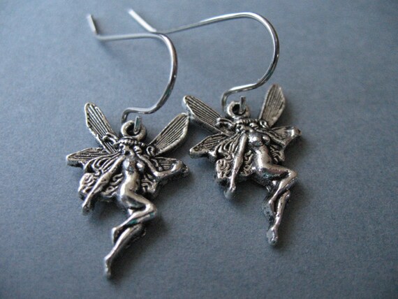 Antiqued Silver Fairy Earrings, Hypoallergenic, Surgical Stainless Steel