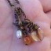 Antiqued Bronze Necklace with Galaxy Quartz, Pearl, Red Aventurine and Sparrow Charms, 18 inches long