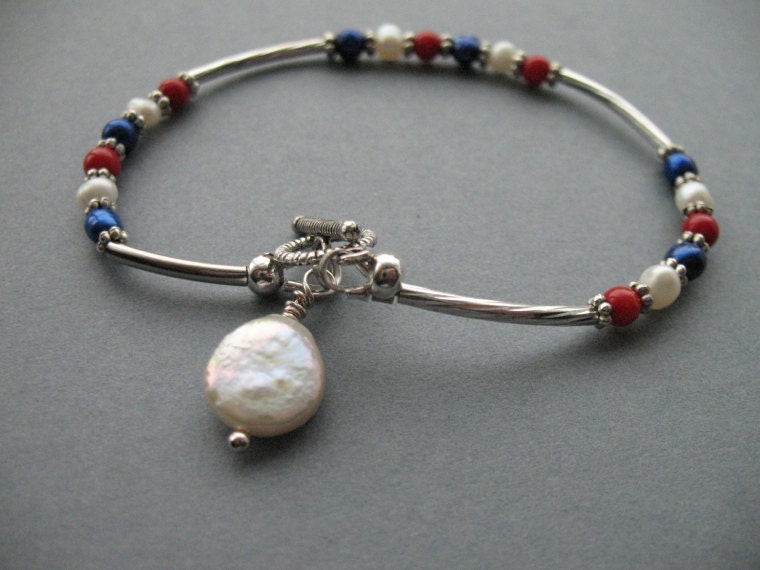 Fourth of July Bracelet, Red, White and Blue Pearls and Silver
