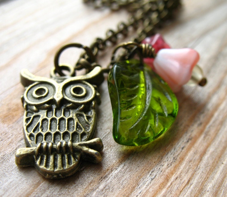 Owl and Flowers Necklace in Antiqued Bronze