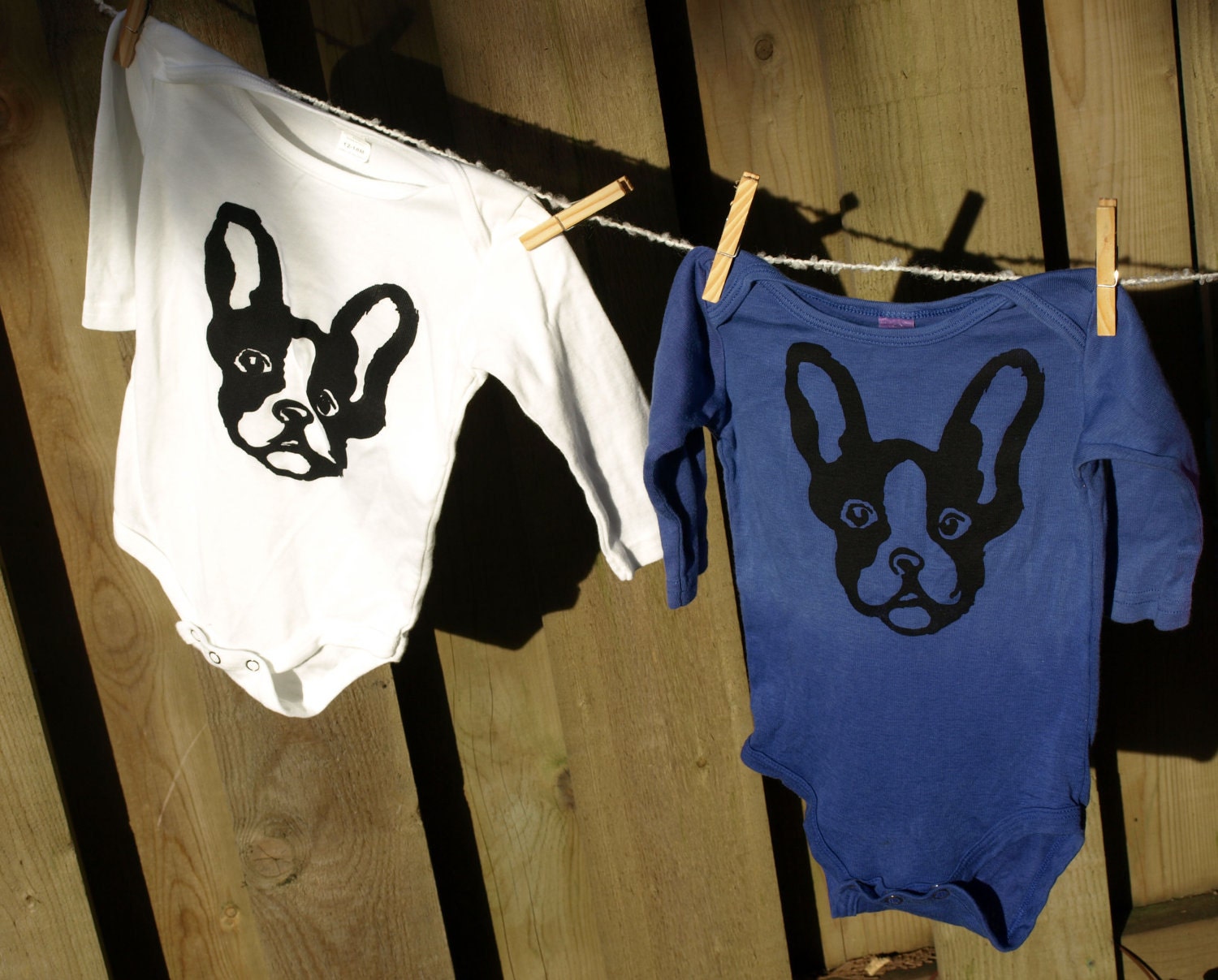 Long Sleeve Onesie Organic Cotton with Boston Terrier Size 12 -18 Mos Silk Screen Print Baby Body Suit