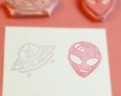 Alien and Spaceship Rubber Stamp Set Hand Carved Scrapbooking Supply Embellishment