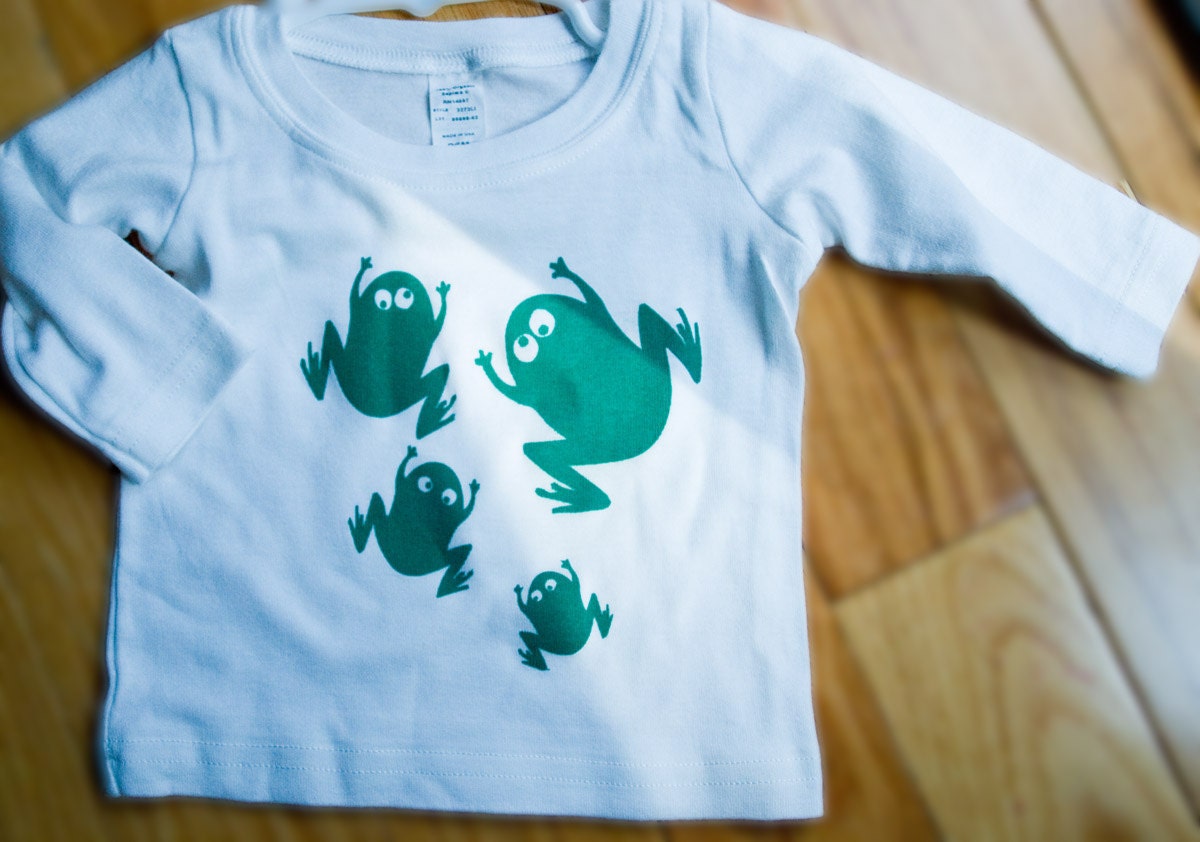 White Long Sleeved Organic Size 6-mos T-Shirt with Little Green Froggies OOAK