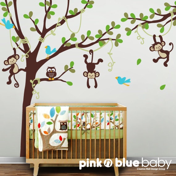 Tall Tree Decal, Vines, Monkeys, Owl  and Birds - Nursery Kids Wall Vinyl Decal Sticker decor