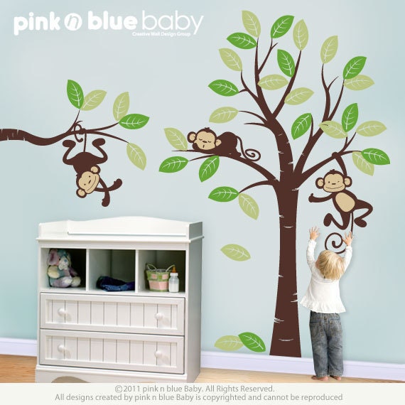 Monkey Tree Wall decal : 3 Monkeys and Tree - Nursery Kids Wall Decal