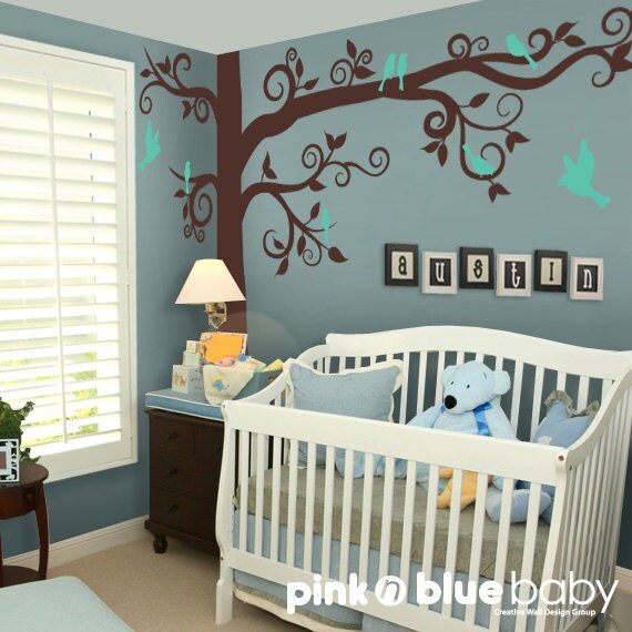 Baby Nursery Kids Wall decor : Big Giant Swirly Tree with birds - Nursery Baby Kids Wall Decal