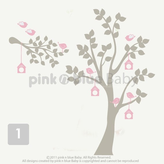 Birds & Bird Houses Tree  Wall Decal ,  Nursery Kids Removable Wall Decal, Bird House Decal