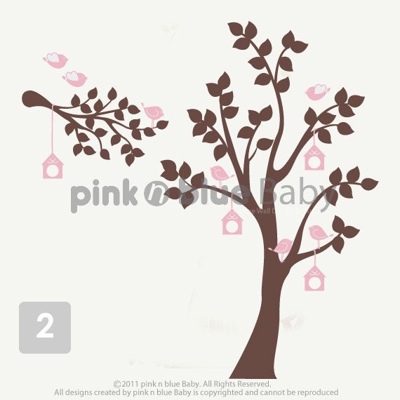 Birds & Bird Houses Tree  Wall Decal ,  Nursery Kids Removable Wall Decal, Bird House Decal