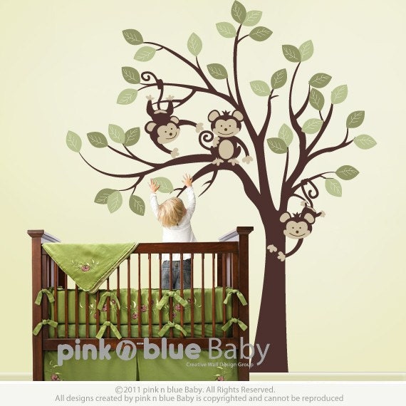 Wall Decal, 3 Monkeys On the Tree, Kids Wall Vinyl Decal Sticker