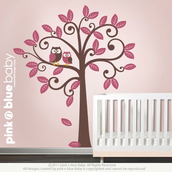Swirly Tree Decal, Owls and Swirly Tree , Nursery Wall Decal, Kids Wall Decal, Sticker Decor