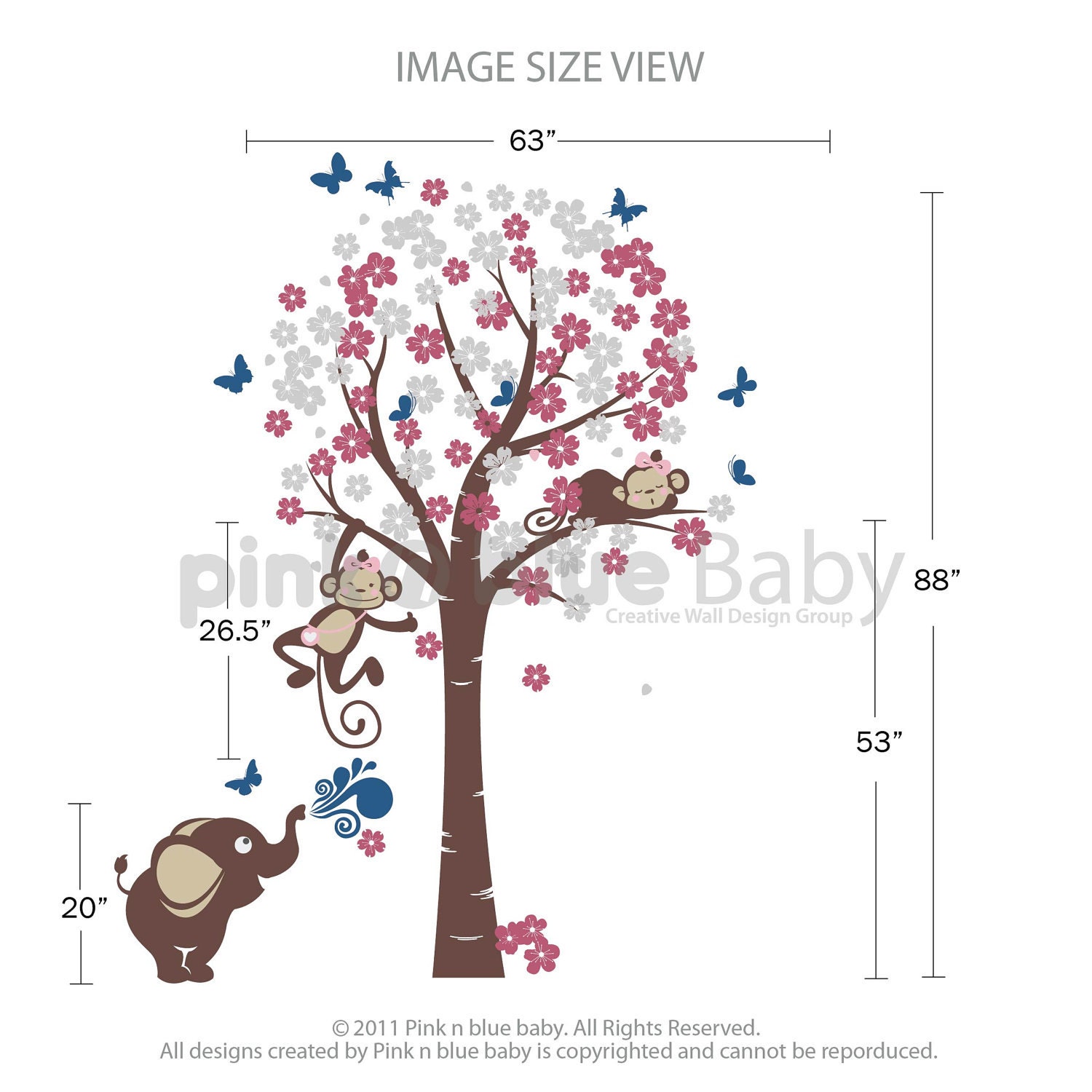 Two girl monkeys and elephant with cherry blossom tree - FREE Butterflies..