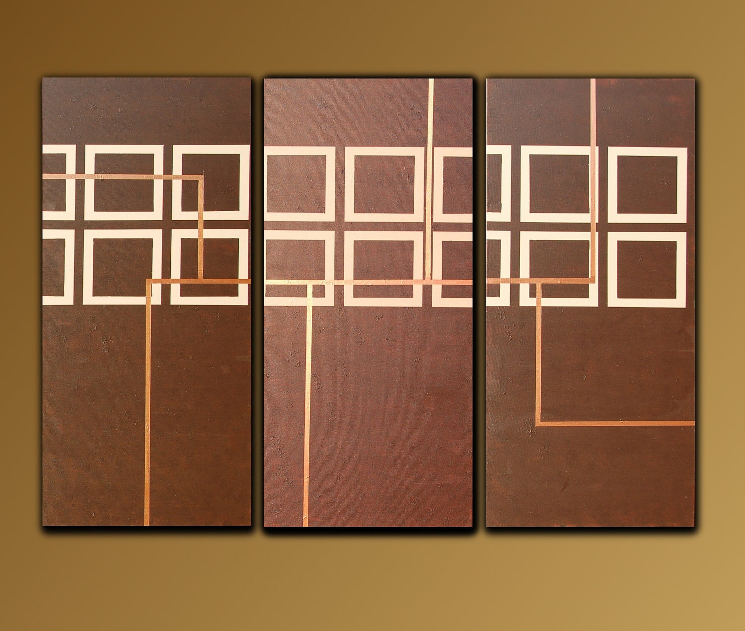 Squares Art Painting - Abstract, Geometric, Original, Large, Modern, Acrylic, Lines, Brown, Copper, 48x66