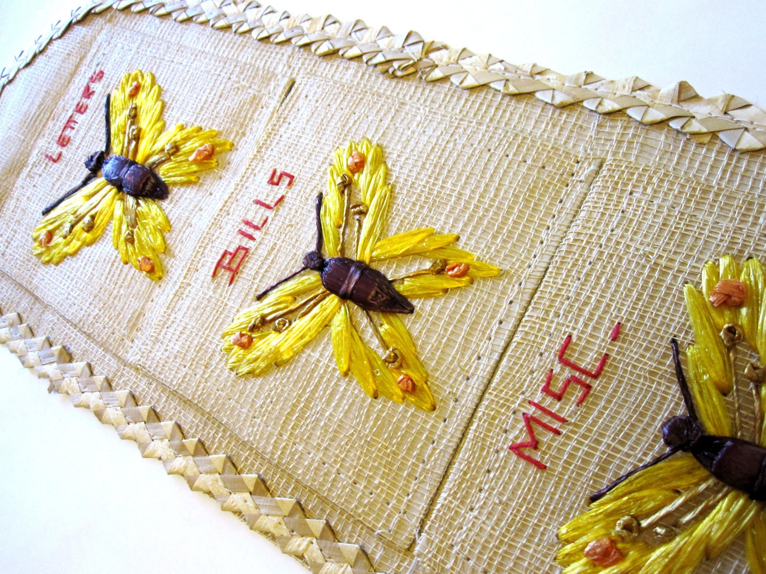 Vintage 1970's Raffia Butterfly Letter & Bill Holder - Wall Hanging