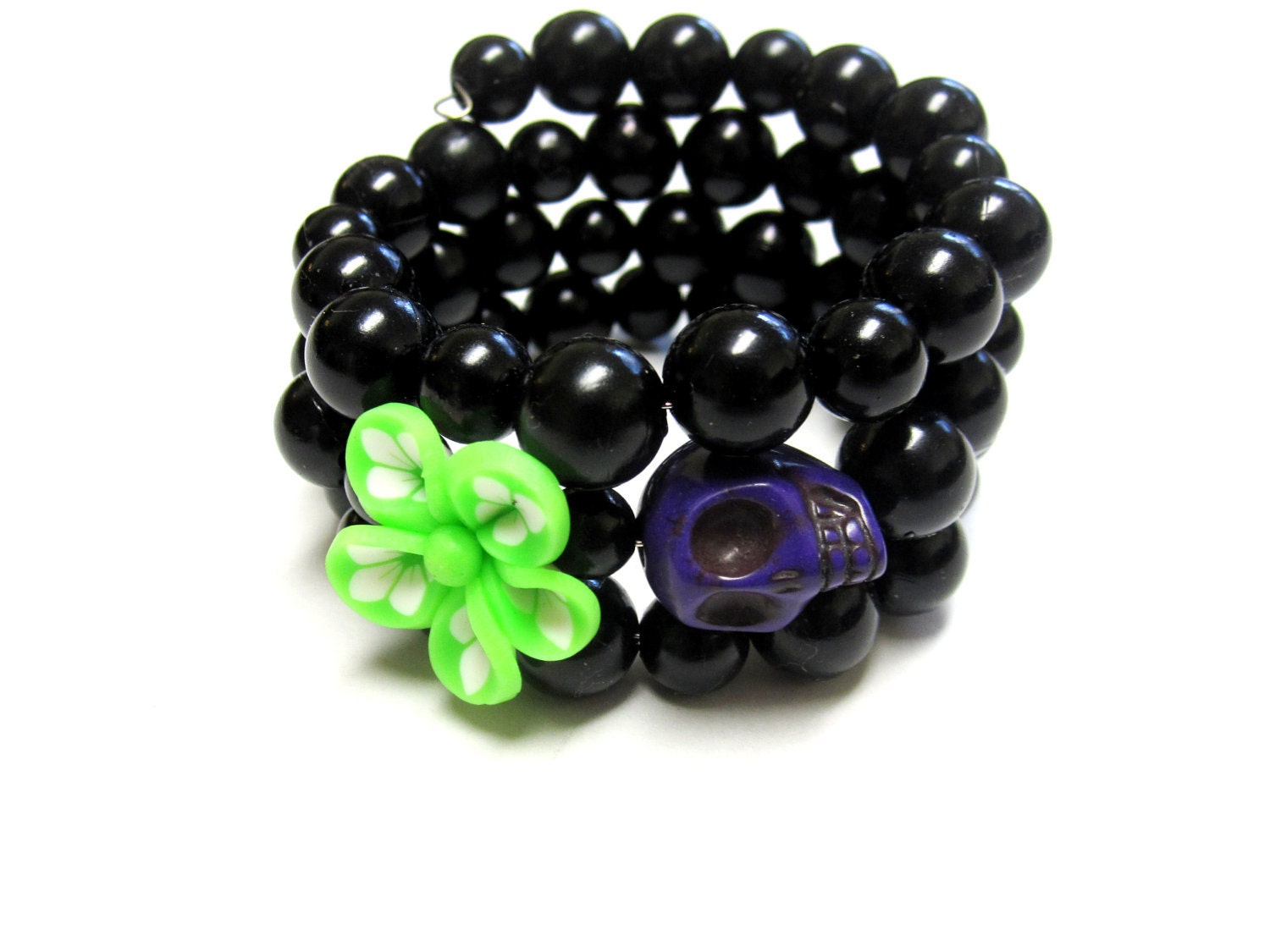 Purple Green Flower Day of the Dead Bracelet Sugar Skull Wrap Bracelet Black