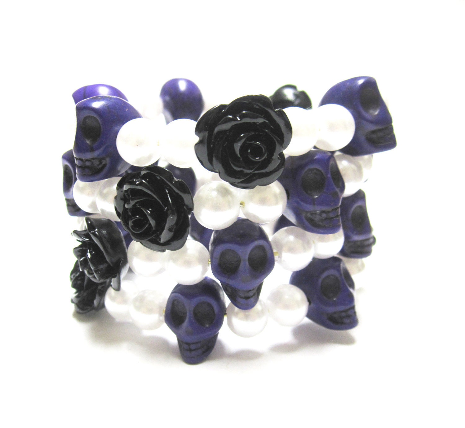 Day of the Dead Bracelet Sugar Skull Wrap Jewelry Purple Black White New Sideways Sweeties