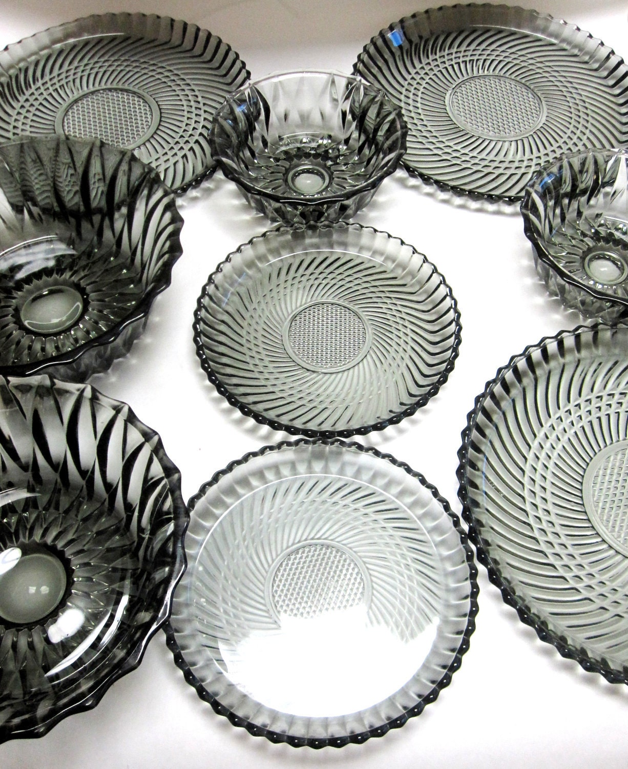 Smoke Black Glass Serving Set 12Pc Industrial Chic Bowl Dish Tray Platter Huge Set