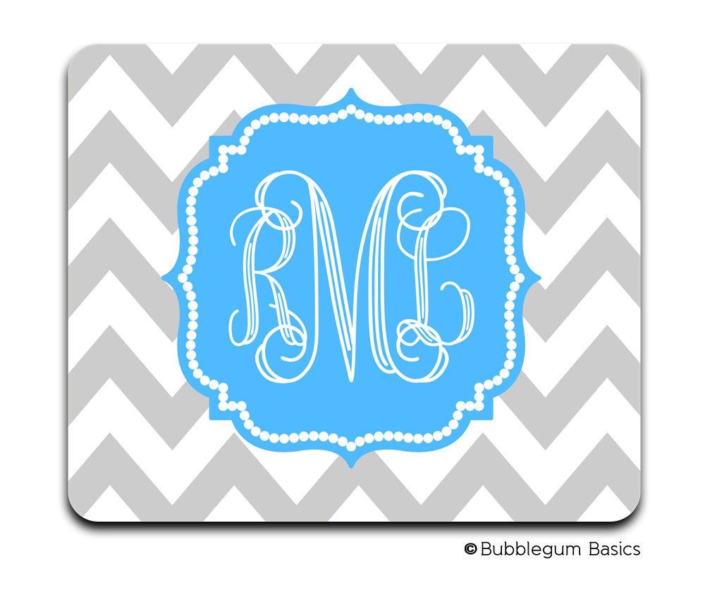 Personalized MOUSEPAD Custom RECTANGLE or CIRCLE Gray Chevron Blue Fancy Script - any monogram name initial Office Home Computer