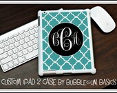 Custom IPAD 2 NEW Snap On Case Blue Quatrefoil Pattern Black Fancy Initials - Personalized Monogram Any Color Name
