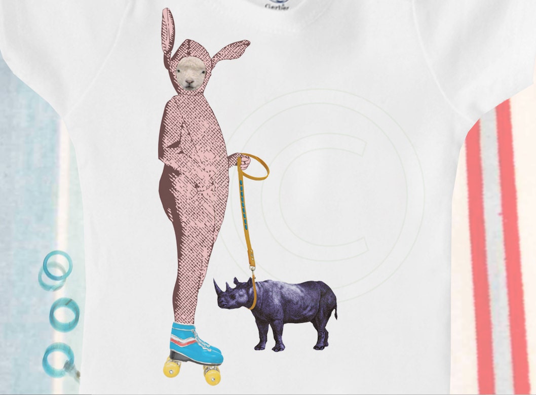 Organic baby clothes, organic onesie / bodysuit, lamb in bunny costume on rollerskates with rhinoceros
