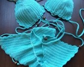 Hand crochet teal bikini with scrunched butt
