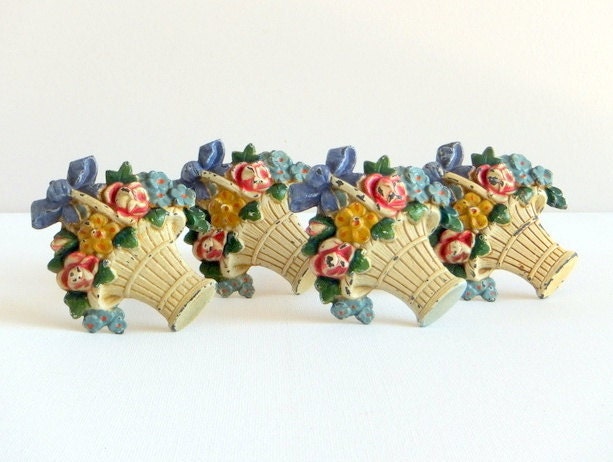 Cast Iron Curtain/Drapery Tie Backs, Hubley, 2 Pair (4) with Flower Baskets