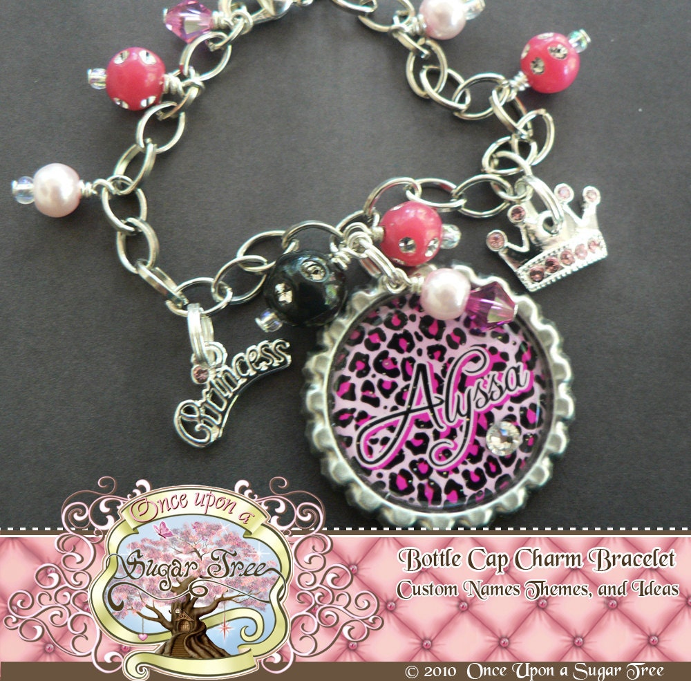 Girl's Princess Charm Bracelet, Crown Charm and Princess Charm with Swarovski Crystals, Hot Pink Black Leopard Print, Gift