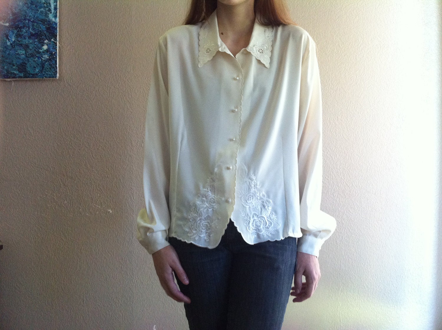 vintage white lace and embroidered design button up