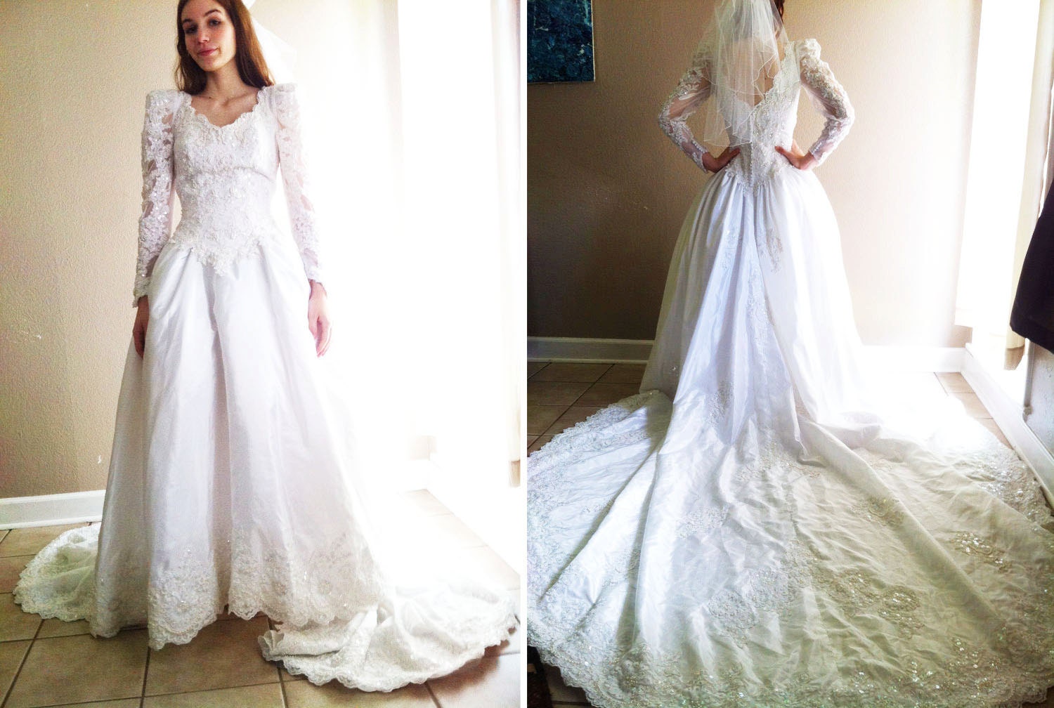 Long sleeve beautiful lace and sequin and beaded white 1940s Victorian style wedding gown with long train & veil SET- sale
