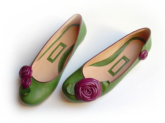 Leather Ballerina Shoe with leather roses - Handmade - 100% genuine leather - green&purple